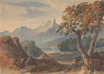 Landschap met bergen, meerkasteel, zittende figuur op de voorgrond