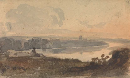Landschap, met kronkelende rivier, figuur op heuvel in de voorgrond