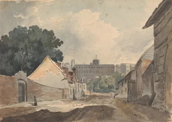 Straatscène, omzoomd met gebouwen