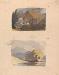 Twee tekeningen op één blad: Cottage met figuren ervoor (nr. 15); Landschap met rivier en bergen - zonneschijn (nr. 16)
