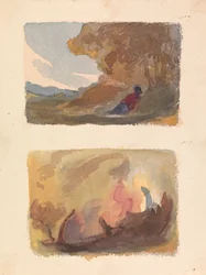 Twee tekeningen op één blad: Landschap met figuur liggend tegen heuvel - Titian en Venetiaanse school (nr. 7); Landschap - Verscheidenheid aan aquarelwassen (nr. 8)