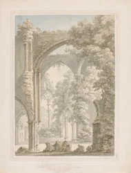 Binnenaanzicht van Tintern Abbey, kijkend van het schip naar het oostelijke raam