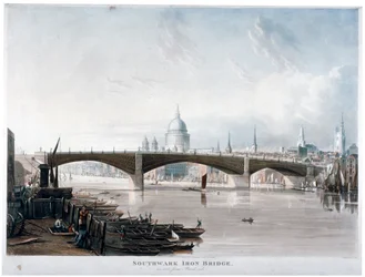 Gezicht op de ‘Southwark Iron Bridge’ vanaf Bankside, Londen, 1819