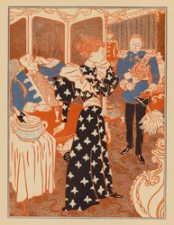 Prinses die een huwelijksaanzoek afwijst omdat ze verloofd is met de koetsier van haar minnaar (kleurenlitho)
