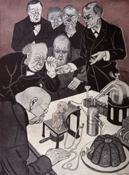 De homunculus (miniatuur maar volledig gevormd menselijk lichaam). Illustratie door Th.Th. Heine in: Simplicissimus, Duitsland, ca. 1900