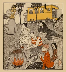 Vrouw wanhopig omdat haar man bij zigeuners woont (kleurenlitho)