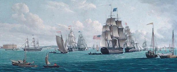 Het Amerikaanse schip Franklin, met een uitzicht op de baai van New York, 1820s of 1830s