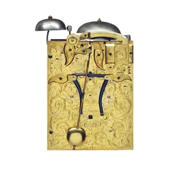 Detail van een Queen Anne gemonteerde slagklok met trekkwartierherhaling, nr. 376, c.1705 (verguld messing)