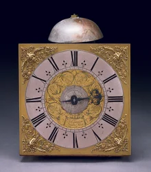 Vierkante wijzerplaat van een Charles II dertig uur lange staande klok, ca. 1680