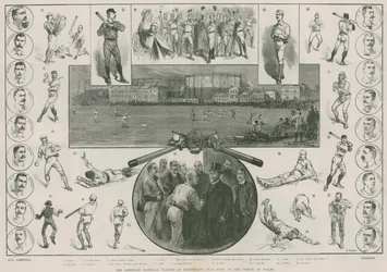 De Amerikaanse honkbalspelers in Kennington Oval - bezoek van de Prins van Wales (gravure)