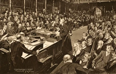 De Lords en Commons die de voorlopige verklaring van Zijne Majesteit ontvingen, uit 