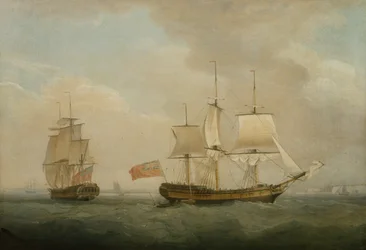 Een koopvaardijschip in twee posities voor de zuidkust