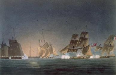 HMS Rinaldo in gevecht met vier Franse Kapers, gegraveerd door J. Bailey voor 