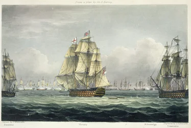 HMS Victory zeilt naar de Franse linie geflankeerd door de Euryalus en HMS Temeraire bij de Slag bij Trafalgar, 21 oktober 1805, gegraveerd door T. Sutherland voor 