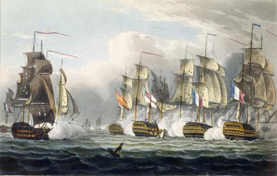 Situatie van de HMS Bellerophon na de dood van haar commandant, kapitein Cooke, tijdens de Slag bij Trafalgar, 21 oktober 1805, gegraveerd door T. Sutherland voor 