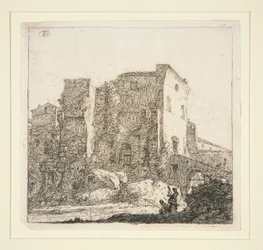 Landschap met ruïnes, met een visser