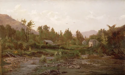 Landschap met bomen en huizen, jaren 1890