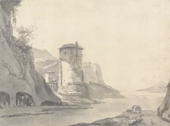 Een dorp in een rotsachtige kustinham (Italiaans?) met ronde toren op de linkeroever