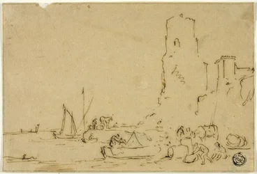 Vissers werpen vis aan de waterkant