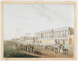 Het Nieuwe Gerechtsgebouw en Chandpam Ghaut uit de Zichten van Calcutta