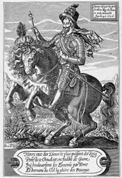 Portret van Hendrik IV (1553 - 1610) (te paard) op 45-jarige leeftijd, gegraveerd door Thomas de Leu