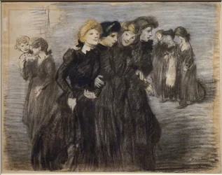 Het vertrek van de midinettes (voor 1907). Théophile Alexandre Steinlen (1859-1923). Houtskool en pastel op papier. Musée des Beaux-Arts de la Ville de Paris, Petit Palais.