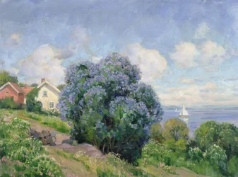 Zomerlandschap met seringstruik, huis en zeilboot