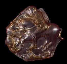 Thracische beschaving: gouden zilveren kandelaar die een ruiter voorstelt aangevallen door een beer. 400-350 v.Chr. Lovtch, Historisch Museum, Bulgarije