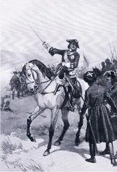 Peter de Grote in de slag bij Pultowa, illustratie uit Landmarks in European History gepubliceerd door Gresham Publishing Co, ca. 1920 (litho)
