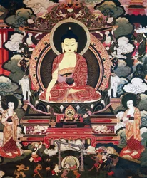 Boeddha zittend tussen zijn twee grote discipelen Cariputra en Maudgalyayana, scènes uit het leven van Boeddha Sakyamuni, Tibetaanse beschaving