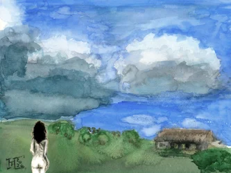 Vrouw kijkt uit over een uitgestrekt landschap