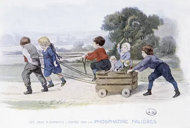 Kinderspelen: paarden en aanspanning - tek. door Lobrichon, uitgegeven door Phosphatine Falières, ca. 1920