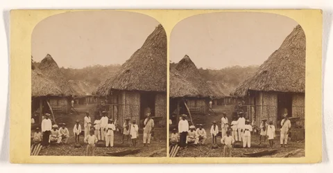 Hutten van een inheems dorp met inheemse bewoners, Darien-expeditie