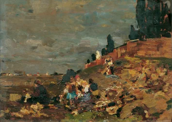 Kinderen bij de kerkhofmuur