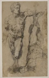 Twee studies van een beeldhouwwerk van een mannelijke figuur