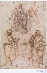 Madonna en Kind zittend op wolken met heiligen of apostelen