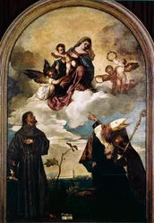 Madonna in glorie met kind, heiligen Franciscus en Alvise en de schenker Luigi Gozzi