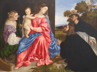Heilige conversatie met de heiligen Catharina en Dominicus en de schenker