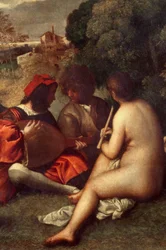 Het concert in de open lucht. Muzikanten op het gras, vrouwen zijn naakt. Detail. Schilderij toegeschreven aan Tiziano Vecellio, bekend als Titiaan (1485-1576) of Giorgio da Castelfranco, bekend als Giorgione (1476/1478-1510). Dim. 1,05 x 1,36 m. Parijs, M