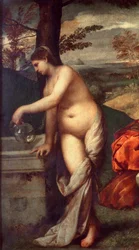 Het concert: muzikanten op het gras, naakte vrouwen. Detail van een van hen die haar kruik bij de fontein vult. Schilderij toegeschreven aan Tiziano Vecellio, genaamd Titiaan (1485-1576), of Giorgio da Castelfranco, genaamd Giorgione (1476/1478-1510). H.