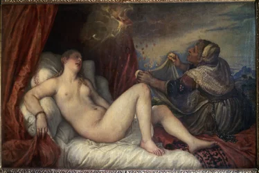 Danaë. Griekse mythologie: Zeus verschijnt aan Danaë in de vorm van een regen van gouden munten om haar te verleiden. Schilderij van Tiziano Vecellio, bekend als Titiaan