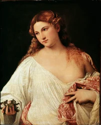 Flora. Schilderij van Tiziano Vecellio, genaamd Titiaan, circa 1515. Afmetingen 64 x 80 cm. Galleria degli Uffizi, Florence