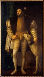 Portret van keizer Karel V (1500 - 1558), 35 jaar oud, met zijn hond Sampere. Tiziano Vecellio, genaamd Titiaan (1485-1576)