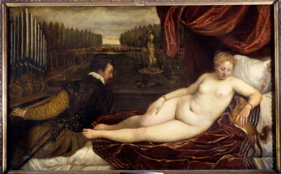 Het concert. Een naakte vrouw ligt naast een man die het orgel bespeelt. Schilderij door Tiziano Vecellio, genaamd de Titiaan (1485-1576)