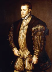 Portret van Koning Filips II van Spanje, driekwart lengte, dragend Half Pantser en de Badge van de Orde van het Gulden Vlies