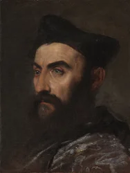 Portret van een geestelijke, borststuk, in een blauwe jas en zwarte hoed - een fragment