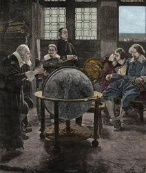 John Milton (1608-1674) bezoekt Galileo Galilei (Galilei) in zijn gevangenis van de Inquisitie in Arcetri, nabij Florence, in 1640. 19e-eeuwse gravure naar een schilderij van T. Lessi.