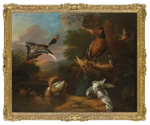 Een Fazant, Duiven, Eendjes en IJsvogels met een Wilde Eend die Opvliegt bij een Bosvijver, een Landschap daarachter