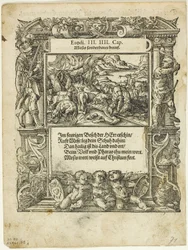 Mozes en de brandende braamstruik (recto) en De baby Mozes in de rivier gelegd (verso) uit Neue künstliche Figuren biblischer Historien, plaat 55 uit Houtsneden uit boeken van de XVI eeuw