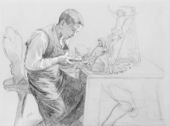 Studie van een jongen die een crucifix snijdt
